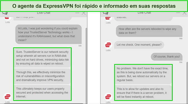 Capturas de tela do bate-papo ao vivo do ExpressVPN, mostrando respostas detalhadas a perguntas de natureza técnica sobre a tecnologia TrustedServer