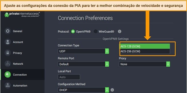Captura de tela do aplicativo Windows da PIA com Preferências de conexão abertas e configurações de criptografia destacadas