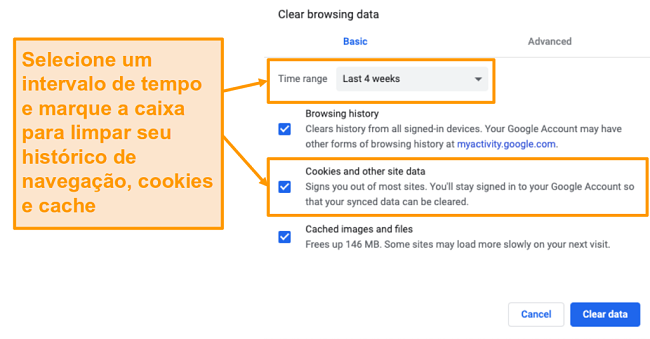 Captura de tela de limpeza de cache e histórico de navegação no Google Chrome