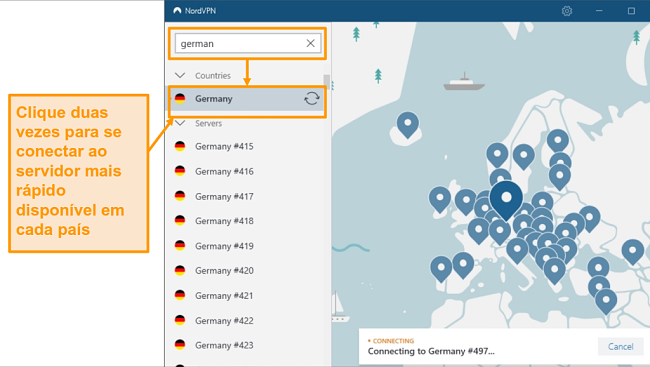 Captura de tela da seleção do servidor NordVPN Alemanha