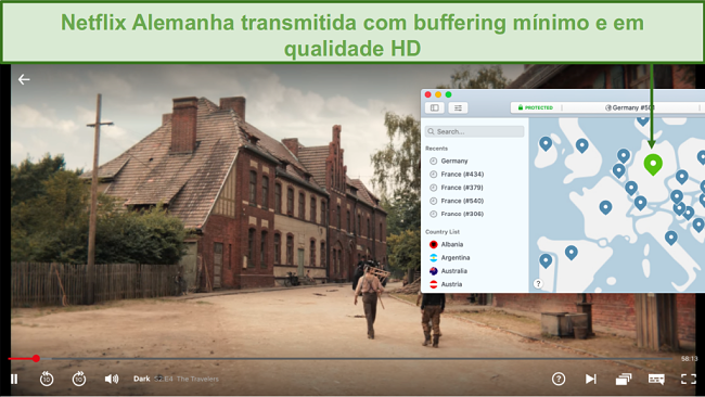 Captura de tela de NordVPN desbloqueando Netflix Germany enquanto joga Dark
