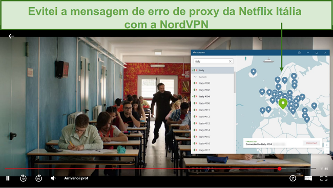 Captura de tela de NordVPN desbloqueando Netflix Itália durante o jogo Arrivano i Prof