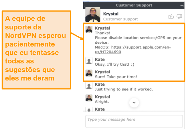 Captura de tela do recurso de chat ao vivo do suporte ao cliente NordVPN