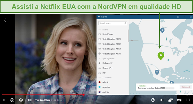 Captura de tela do The Good Place streaming no Netflix com NordVPN conectado a um servidor dos EUA