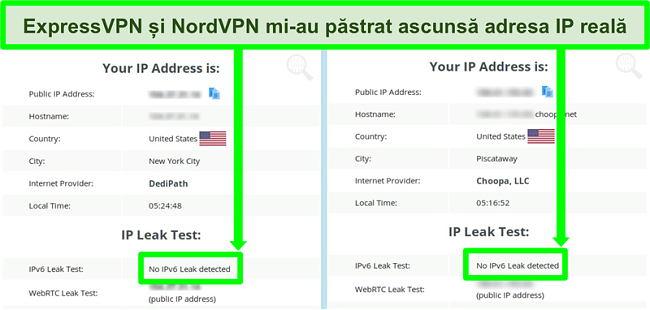 Captură de ecran care nu arată nicio scurgere IPv6 atât pentru NordVPN cât și pentru ExpressVPN