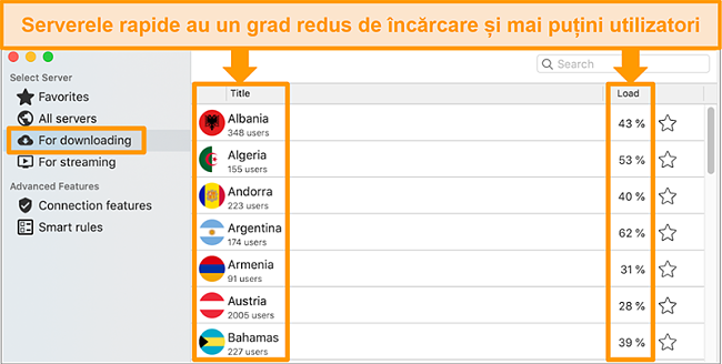 Captură de ecran a filei Descărcare în aplicația CyberGhost pentru Mac