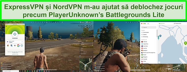 Compararea capturilor de ecran ale unui utilizator care joacă PlayUnknown's Battlegrounds Lite în timp ce este conectat la ExpressVPN și respectiv la NordVPN