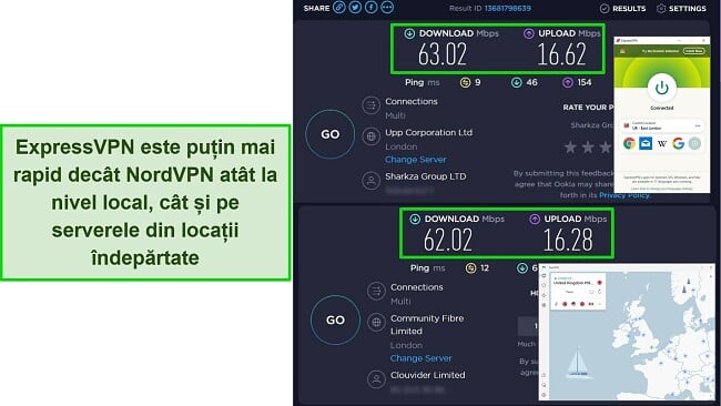 Capturi de ecran ale ExpressVPN și NordVPN conectate la serverele din Marea Britanie, iar rezultatele testelor de viteză Ookla arată că ExpressVPN este puțin mai rapid.