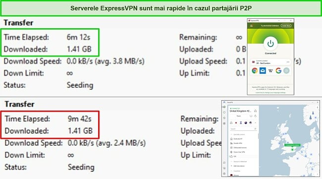 Capturi de ecran ale clientului de torrent BitTorrent care arată timpii de descărcare pentru 2 torrente, cu ExpressVPN și NordVPN conectate la serverele din Marea Britanie.