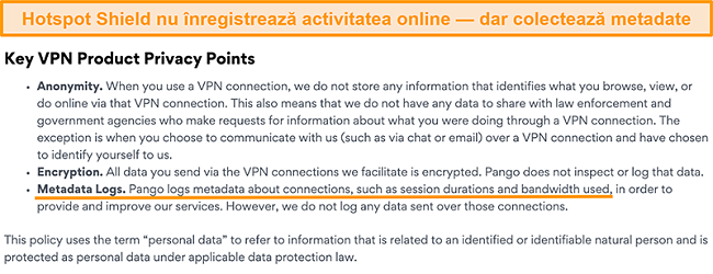 Captură de ecran a politicii de confidențialitate Hotspot Shields