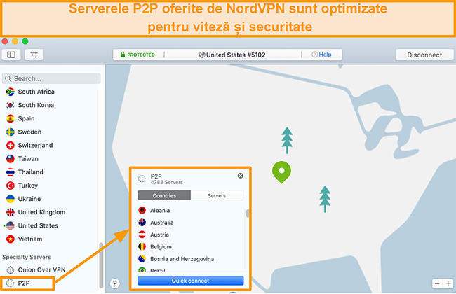 Captură de ecran a serverelor P2P ale NordVPN din aplicația Mac