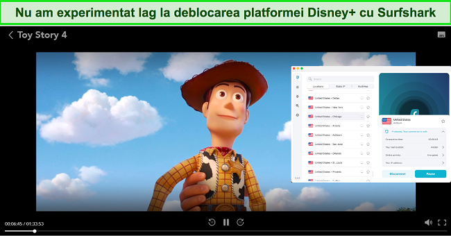 Captură de ecran a filmului Toy Story 4 în flux pe Disney+ cu Surfshark conectat la un server din SUA