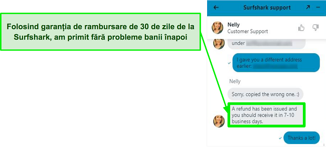 Captură de ecran a chatului live Surfshark și a unei cereri de rambursare