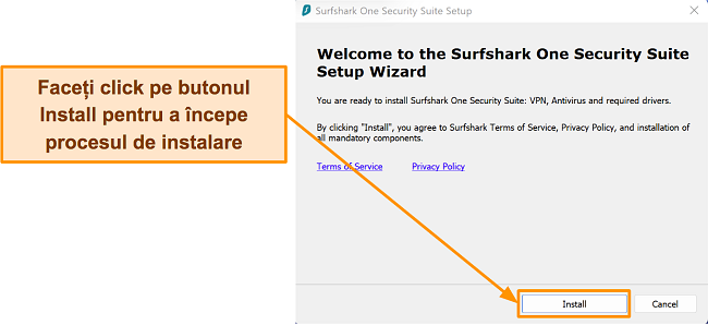 Captură de ecran a procesului de instalare pentru Surfshark utilizând expertul de configurare