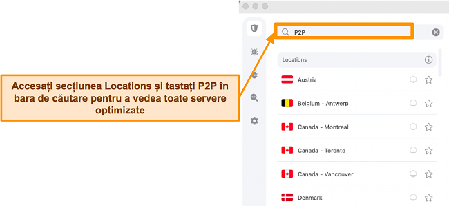 Captură de ecran a serverelor P2P de la Surfshark în aplicația pentru Mac