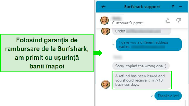Captură de ecran a chatului live Surfshark și a unei cereri de rambursare