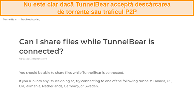 Captură de ecran a paginii de depanare a TunnelBear privind partajarea fișierelor