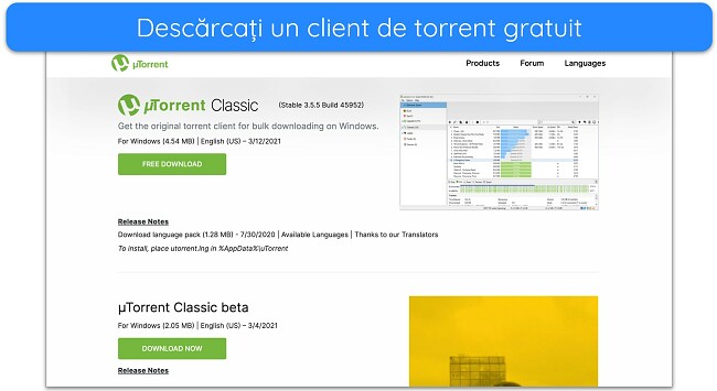 Captură de ecran a paginii de descărcare uTorrent