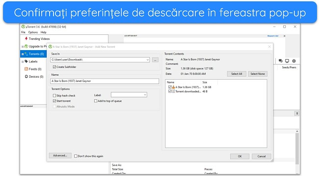 Captură de ecran a ferestrei pop-up cu detalii despre descărcare pe uTorrent