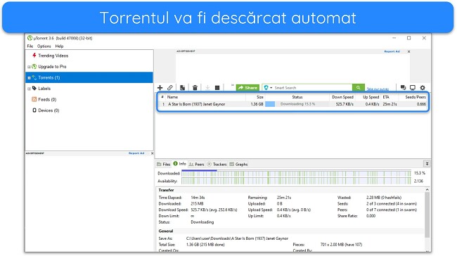 Captură de ecran a „A Star is Born” care se descarcă pe uTorrent