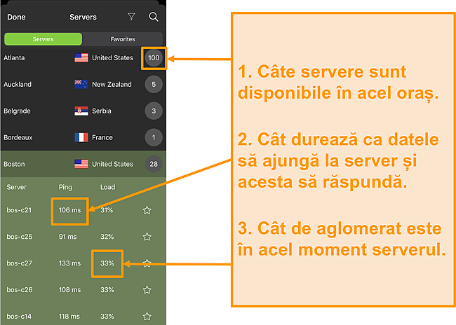 Captură de ecran a listei de servere IPVanish cu numerele de server, ping și încărcarea serverului evidențiate