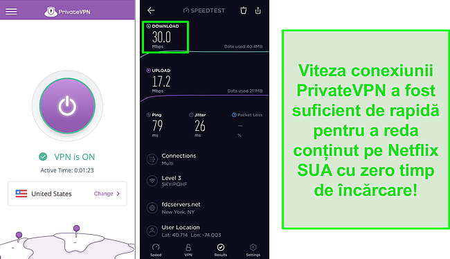 Captură de ecran a PrivateVPN conectat la serverul SUA și test de viteză Ookla