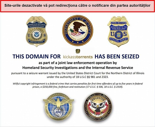 Captură de ecran a domeniului torrents kickass confiscat de autoritățile americane