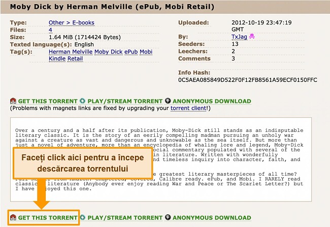 Captură de ecran a paginii de descărcare a torrentului din The Pirate Bay