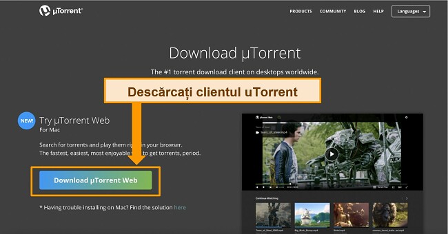 Captură de ecran a paginii de descărcare a clientului uTorrent
