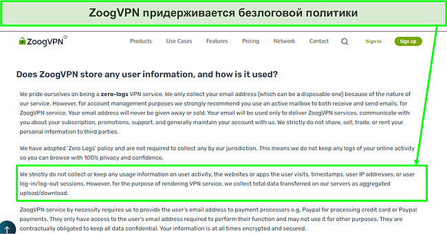 Скриншот страницы политики конфиденциальности ZoogVPN.
