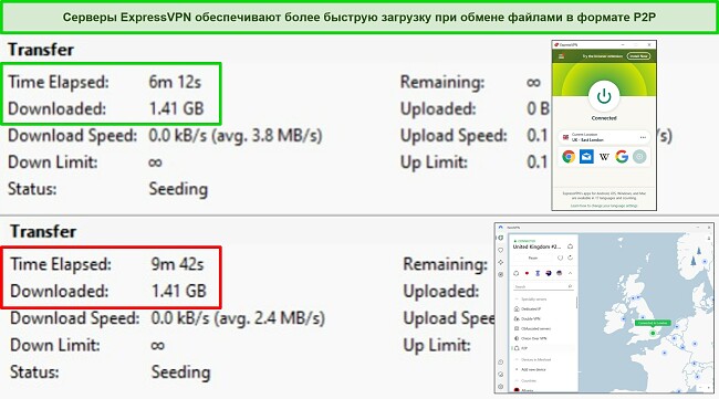 Скриншоты торрент-клиента BitTorrent, показывающие время загрузки двух торрентов с ExpressVPN и NordVPN, подключенными к серверам в Великобритании.