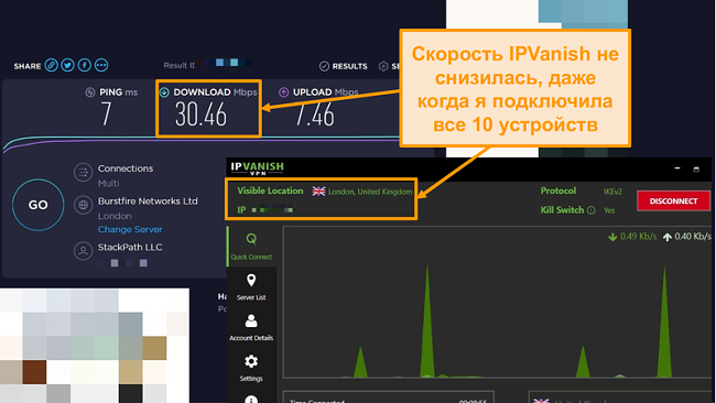 Скриншот теста скорости с подключением IPVanish
