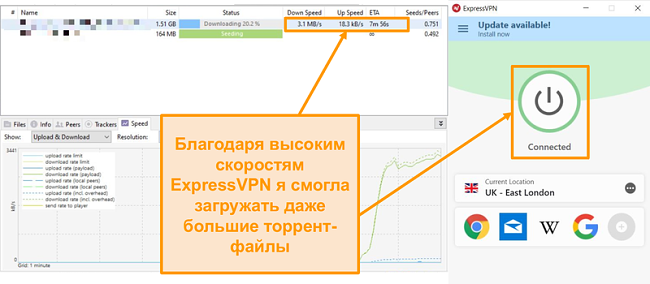 Скриншот загрузки торрент-файлов с настройкой подключения ExpressVPN