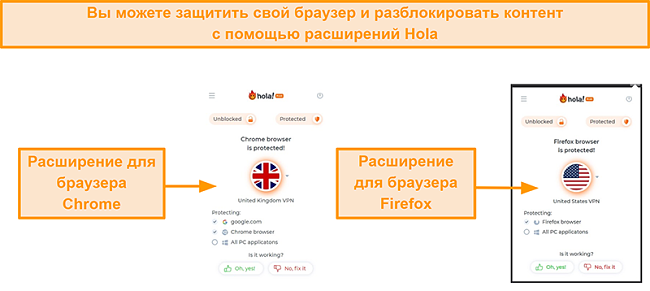 Скриншот расширений браузера Chrome и Firefox от Hola VPN