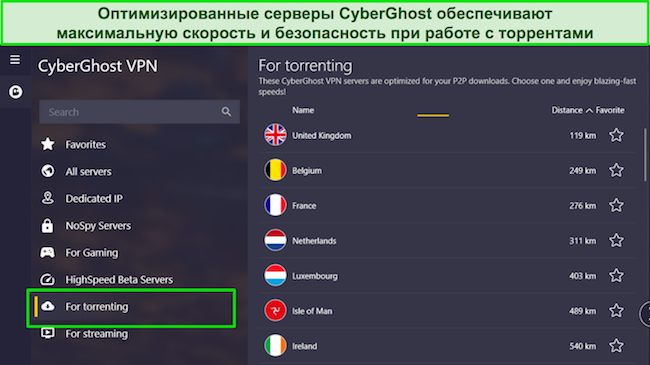 Скриншот сервера CyberGhost, оптимизированного для работы с торрентами