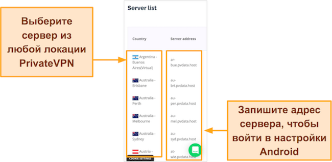 Скриншот списка серверов PrivateVPN в браузере Google Chrome на Android