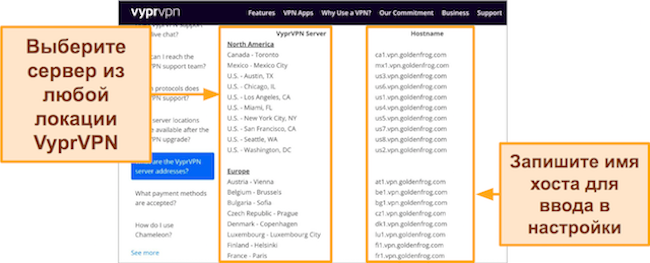 Скриншот списка серверов VyprVPN и имен хостов в браузере ПК