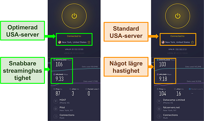Skärmdump av CyberGhost -hastighetstestresultat när den är ansluten till en optimerad server och en standardserver.