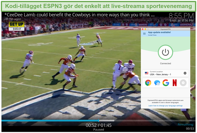 Skärmdump av strömmande fotboll på ESPN3 med Kodi