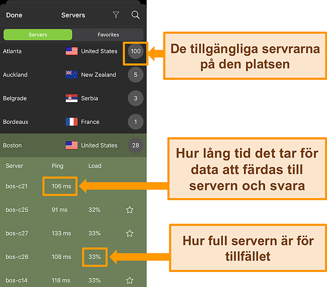 Skärmdump av IPVanish iOS-appen med serverinformation markerad.