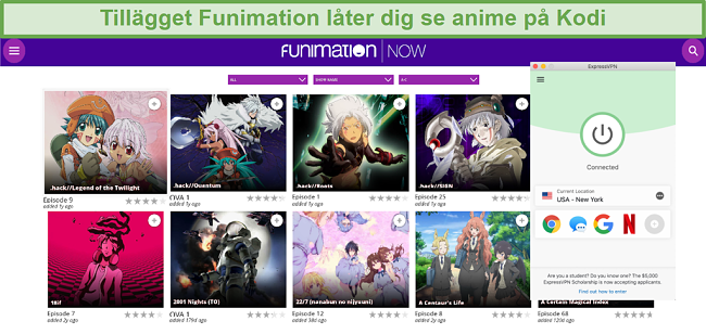 Skärmdump av tillgängligt FunimationNOW-innehåll på Kodi