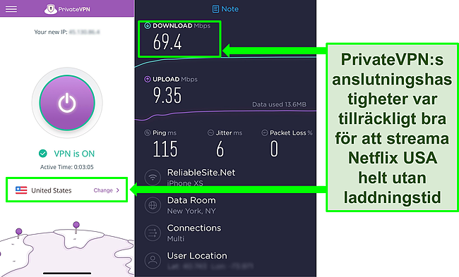 Skärmdump av PrivateVPN ansluten till en amerikansk server, plus resultatet av ett Ookla -hastighetstest.