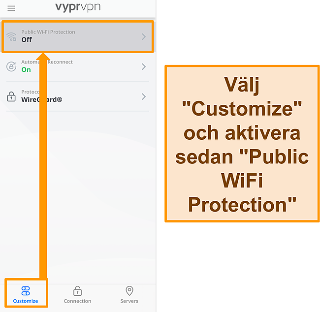 Skärmdump av VyprVPNs inställning för offentligt WiFi -skydd.