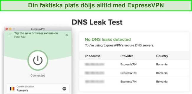 skärmdump av framgångsrikt DNS-läckagetest med ExpressVPN för Kodi