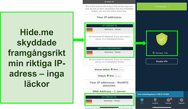 Skärmdump av att markera inga IP- eller DNS-läckor på en hide.me VPN-anslutning.