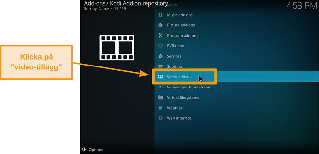 skärmdump av hur man installerar officiellt kodi-tillägg steg sex klicka på videotillägg
