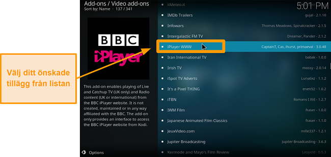 skärmdump av hur man installerar officiellt kodi-tillägg steg sju, hitta önskat tillägg