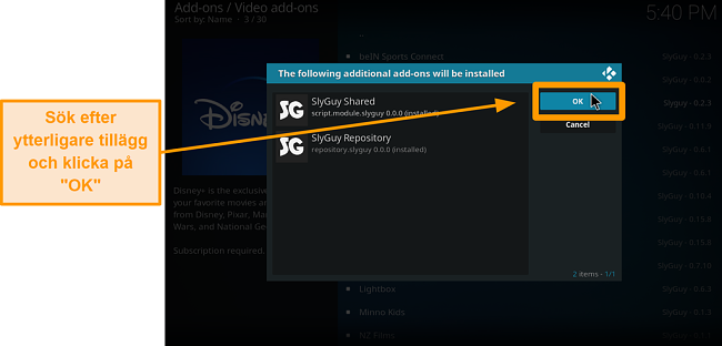 skärmdump hur man installerar tredjeparts kodi addon steg 18 sheck extra addons och klicka sedan på ok