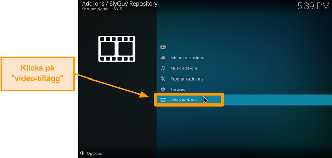 skärmdump hur man installerar tredjeparts kodi addon steg 20 klicka på videotillägg