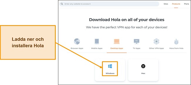 Skärmdump av Hola VPN-webbplatsens avsnitt för nedladdning av applikationer